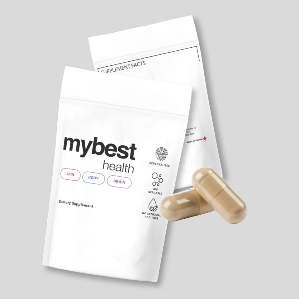 MyBest Health custom supplement pouch and capsules