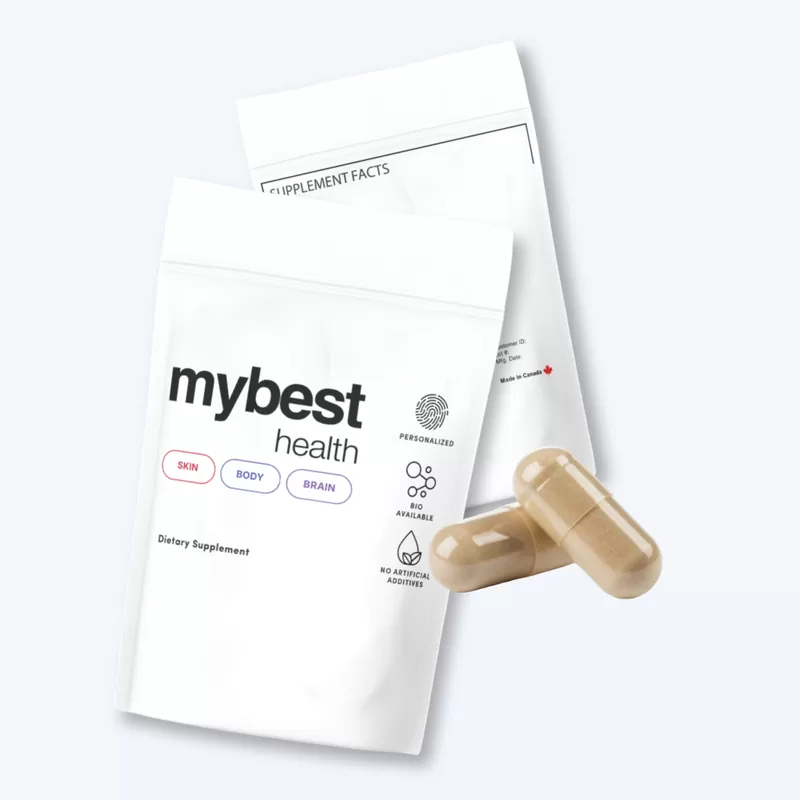 MyBest Health custom supplement pouch and capsules
