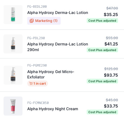 Cost Plus adjusted pricing on Alpha Hydroxy products in the partner catalogue