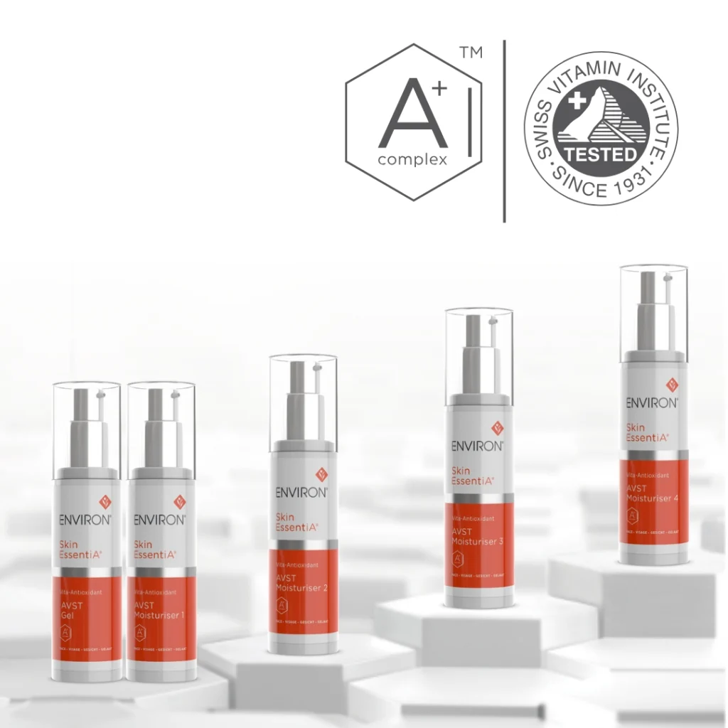 Environ Skin EssentiA® AVST Moisturiser with Swiss Vitamin Institute certificate seal, highlighting verified vitamin potency and guaranteed efficacy for skin health.