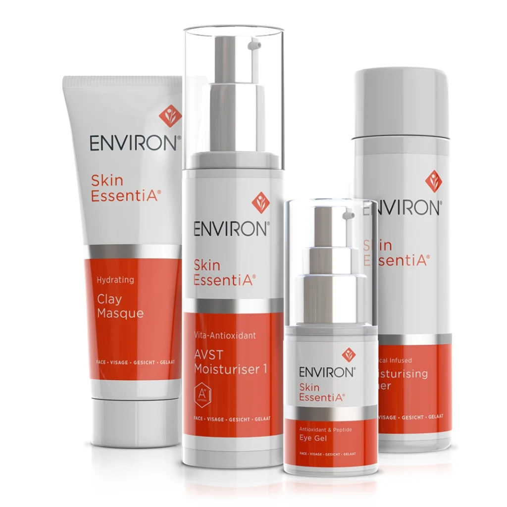 Environ Skin EssentiA® skincare range lineup, including cleansers, toner, eye gel, and AVST Moisturisers—designed to support skin health through a gradual Vitamin A step-up system.