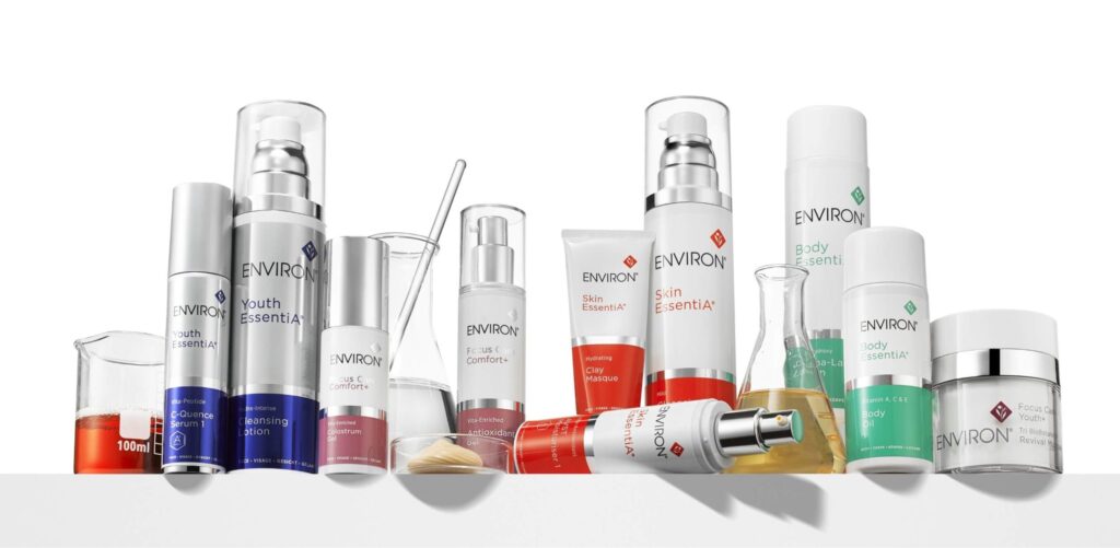 Environ Skin Care products not affected by medispa skincare tariffs in Canada. Product lineup including moisturizers, serums, and cleansers.